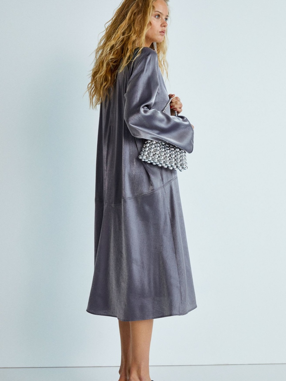 H&M Metallic V-Neck Long Sleeve Dress - Silver Gray - Picture 2 of 4